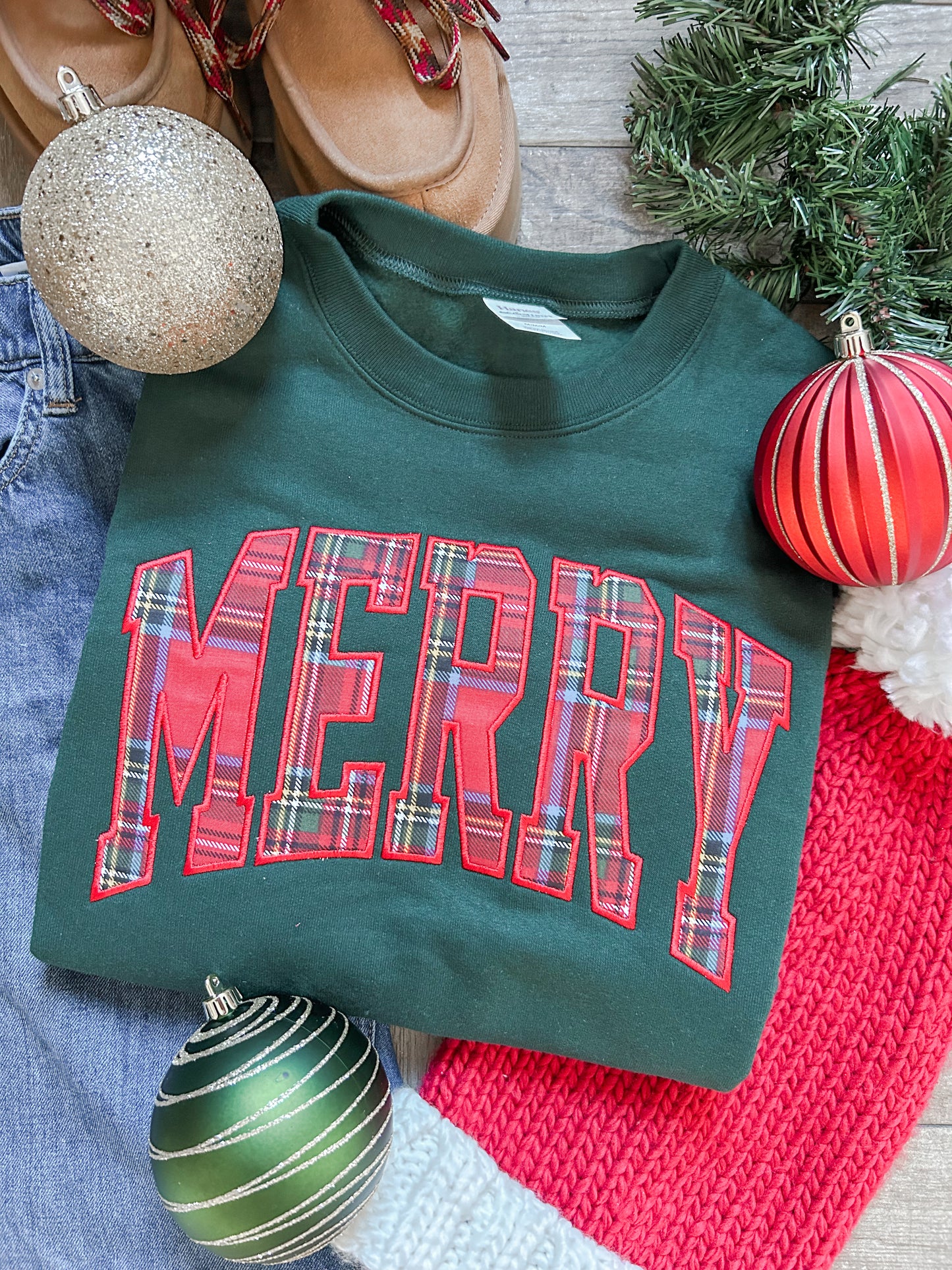 Merry Applique Embroidered Sweatshirt (Green)