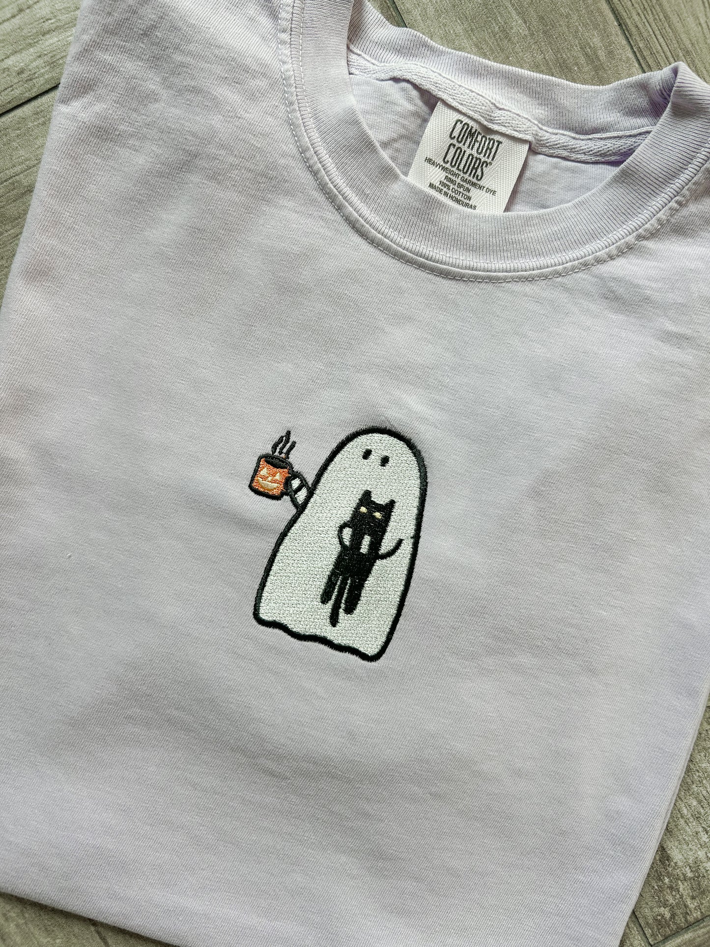 Coffee & Cat Ghost Embroidered Tee