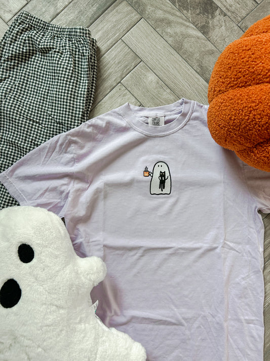 Coffee & Cat Ghost Embroidered Tee