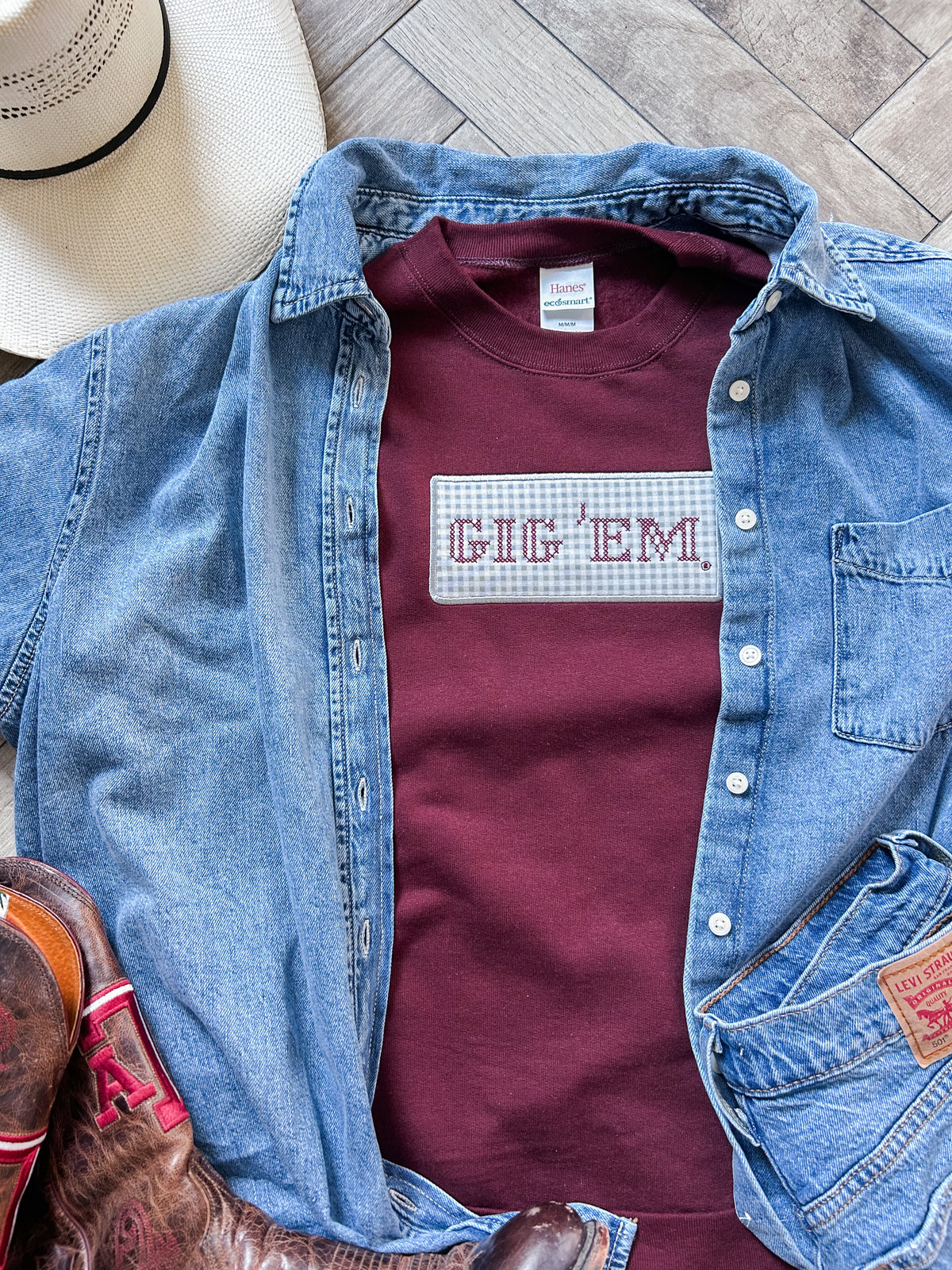 Gig 'Em Cross Stitch Maroon Crewneck