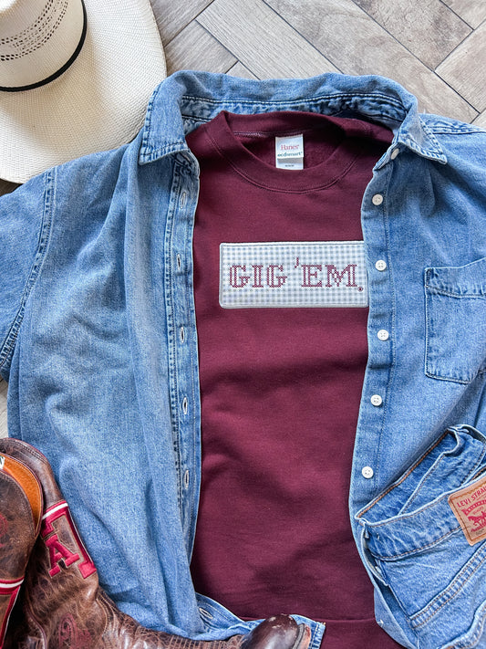 Gig 'Em Cross Stitch Maroon Crewneck