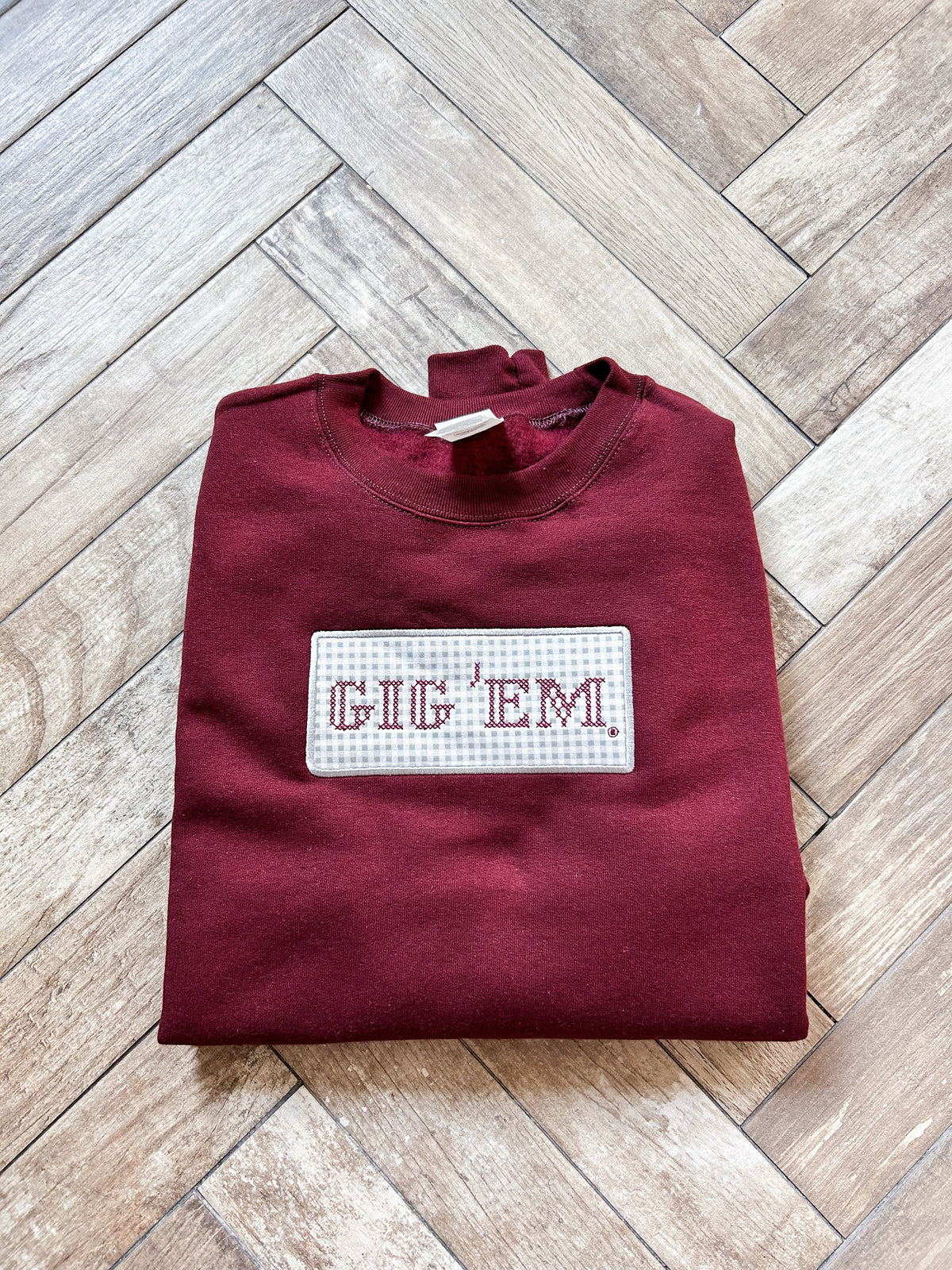 Gig 'Em Cross Stitch Maroon Crewneck