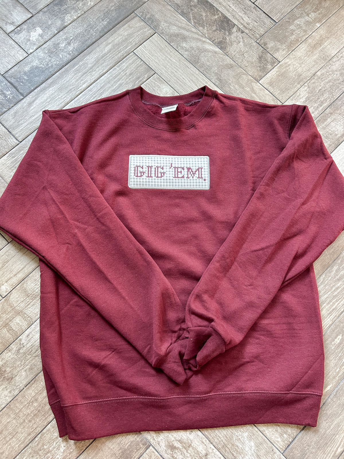Gig 'Em Cross Stitch Maroon Crewneck