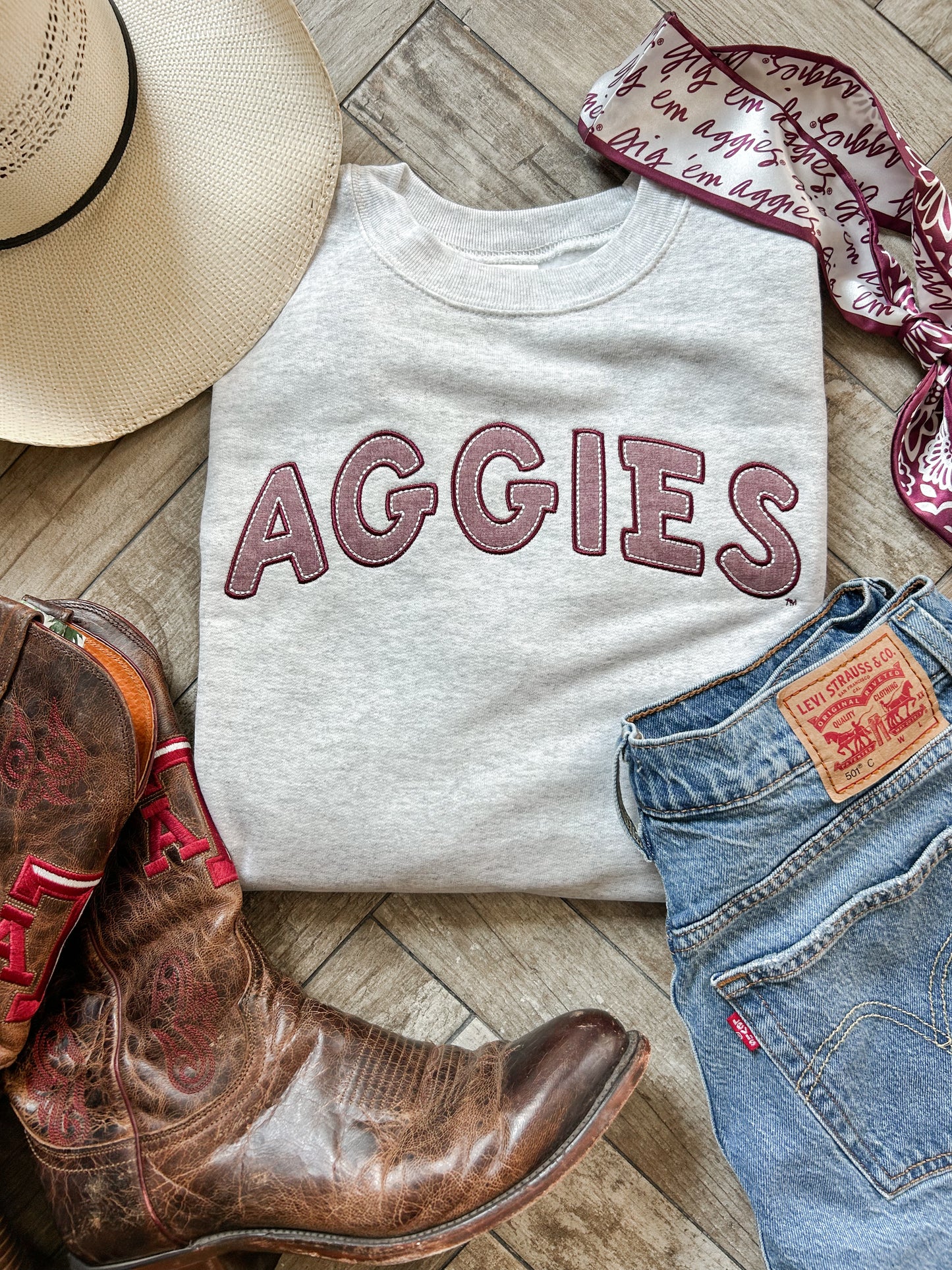 Applique Aggies Double Stitch Embroidered Crewneck