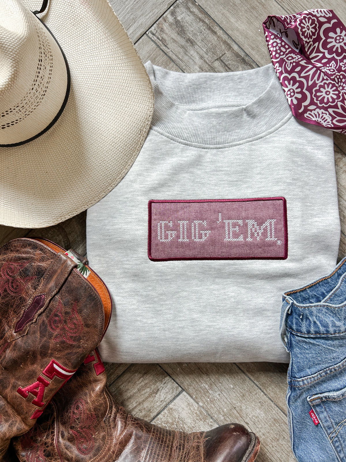 Gig 'Em Cross Stitch Grey Mockneck