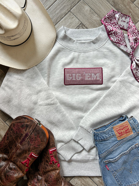 Gig 'Em Cross Stitch Grey Mockneck