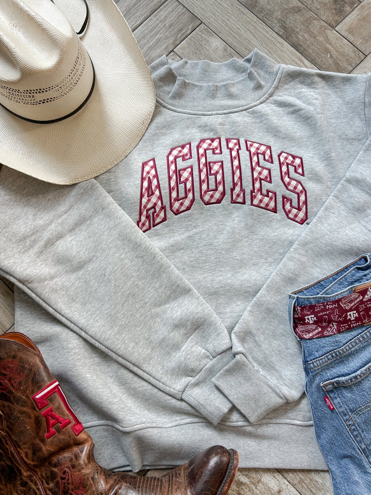 Aggies Maroon Check Mockneck