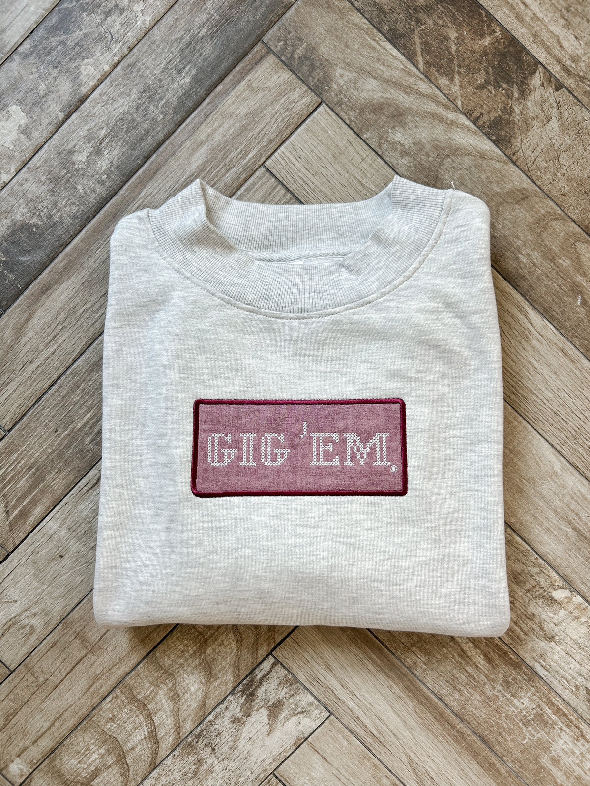 Gig 'Em Cross Stitch Grey Mockneck