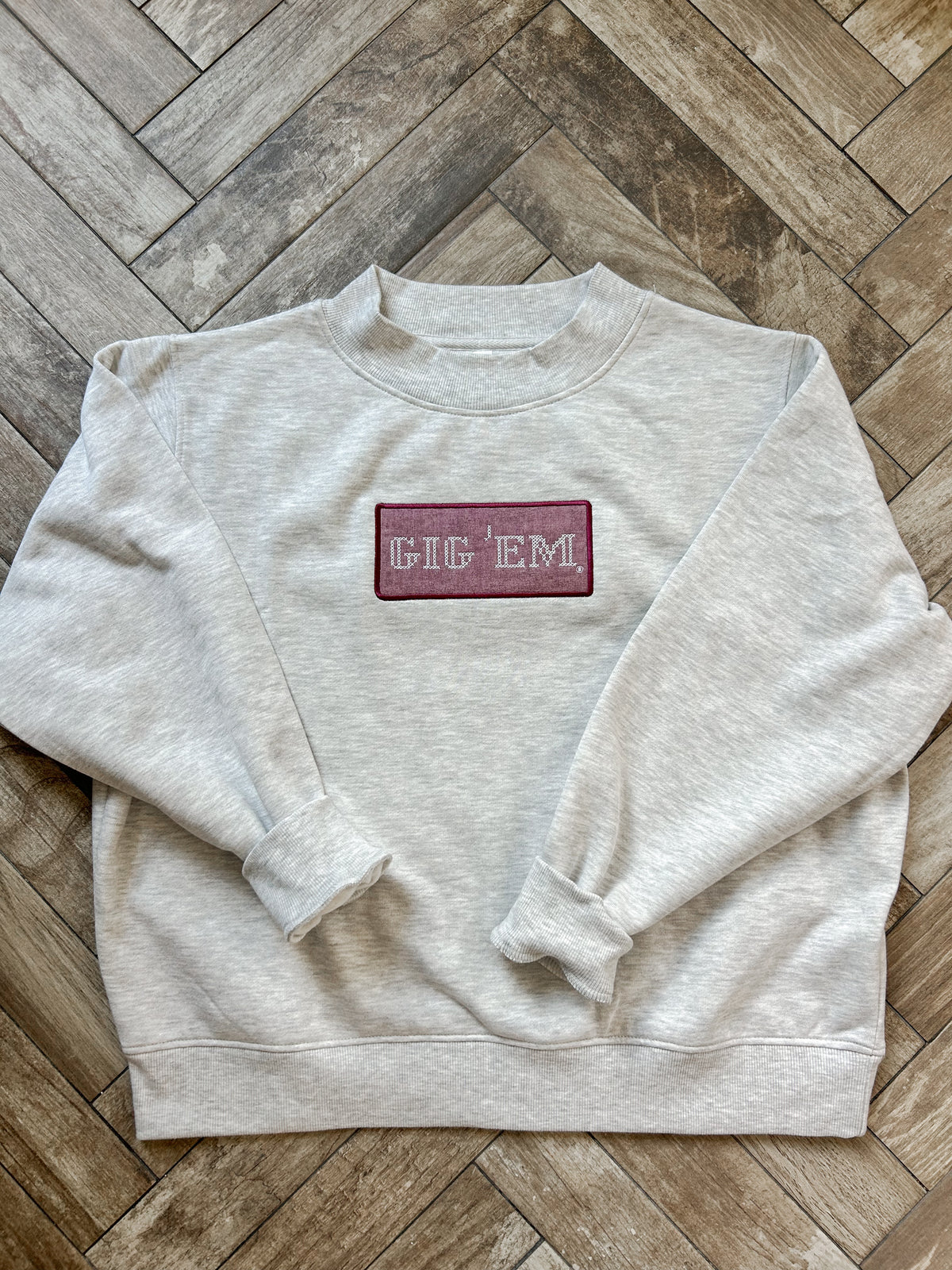 Gig 'Em Cross Stitch Grey Mockneck