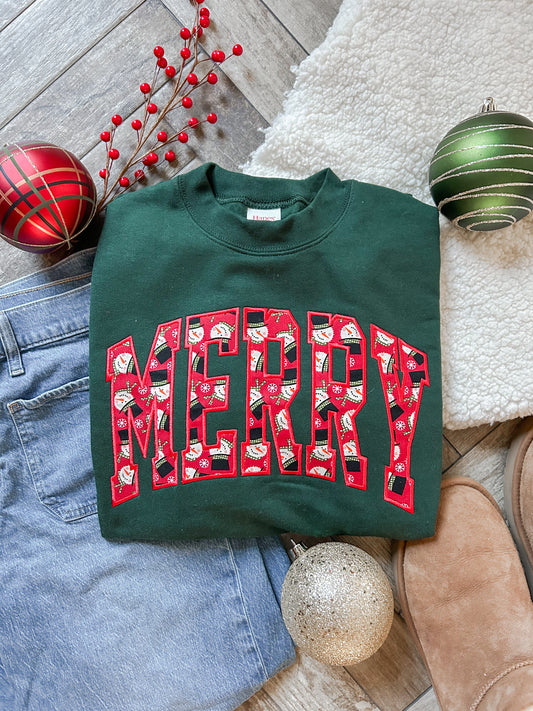 Merry Applique Embroidered Sweatshirt (Green)